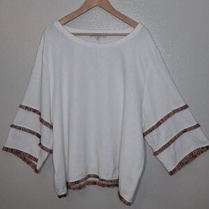 C&C California 3X White Pullover Blouse Multicolor Tassel Fringed Linen Blend